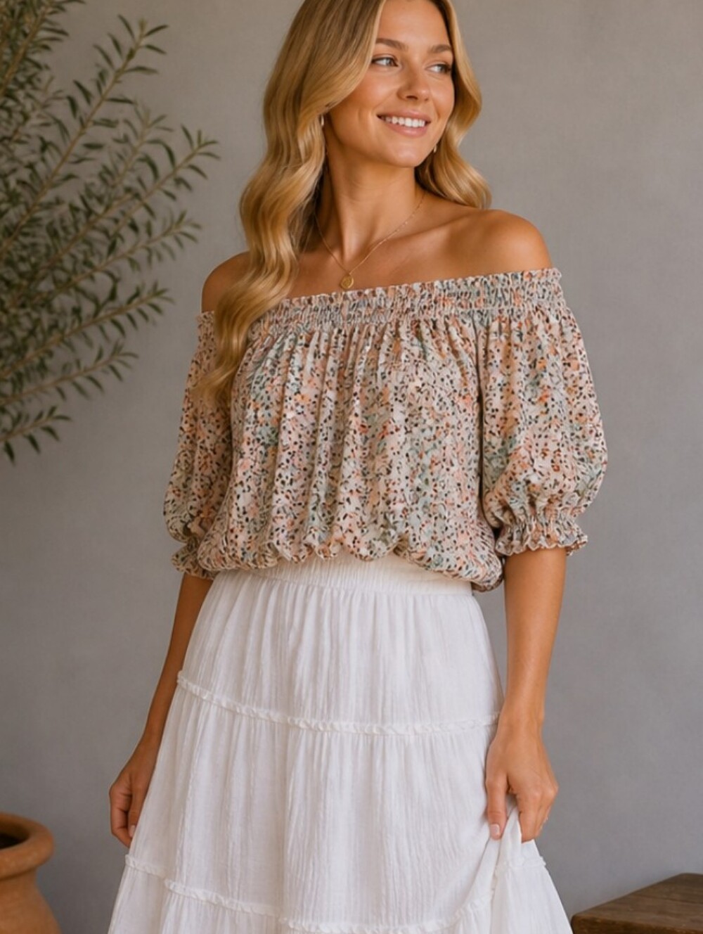 American Rag Peach & Mint Floral Smocked Cottagecore Peasant Blouse